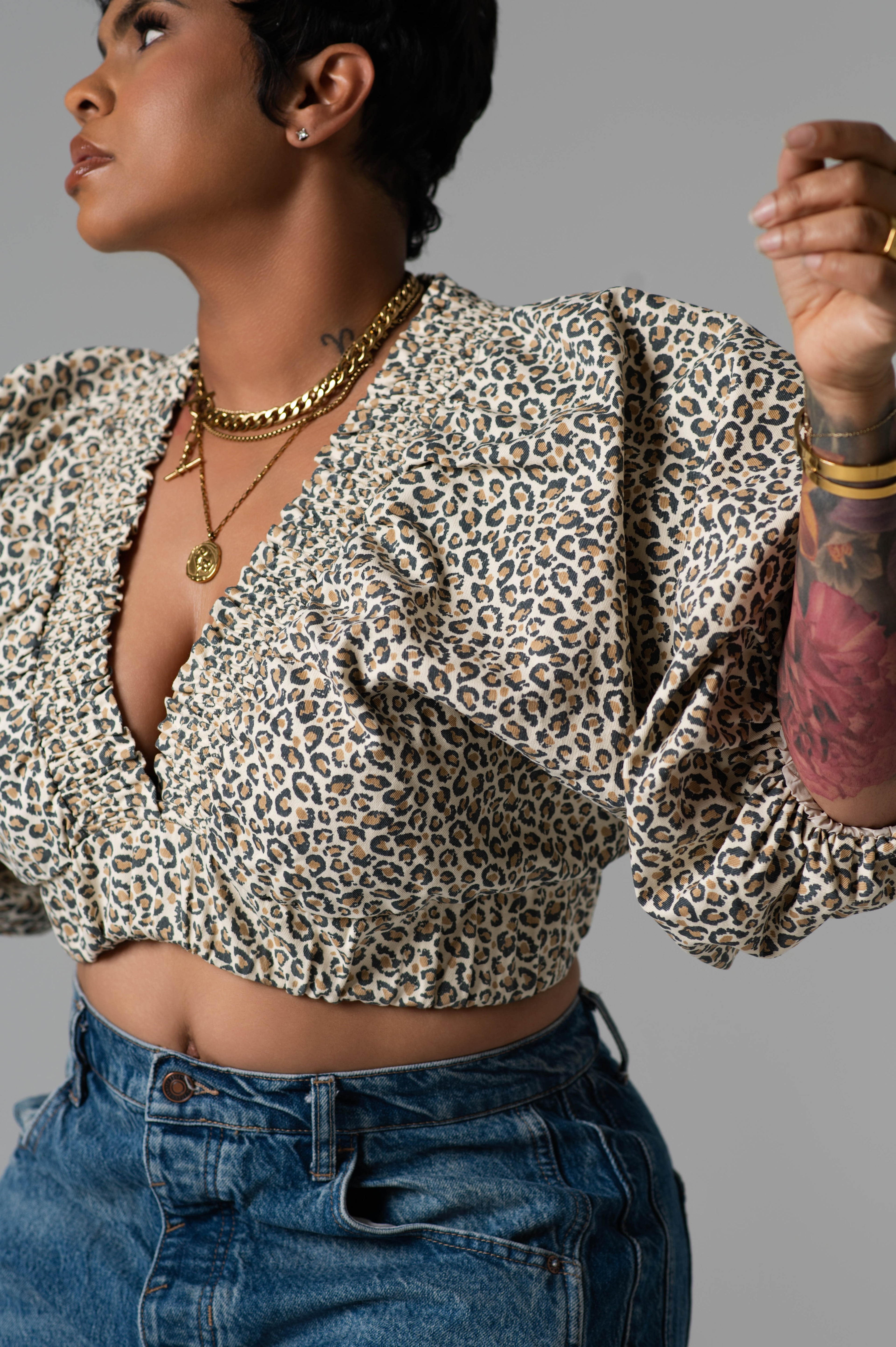 Lada Denim Puff Sleeve Cropped Top