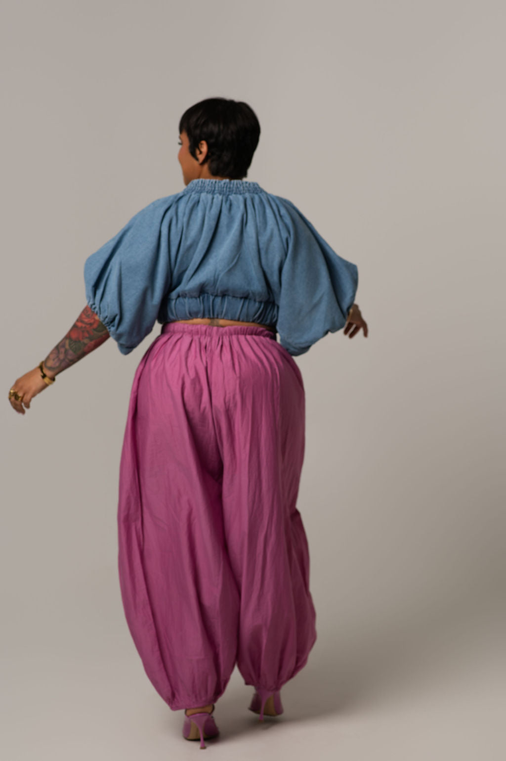 Lada Denim Puff Sleeve Cropped Top