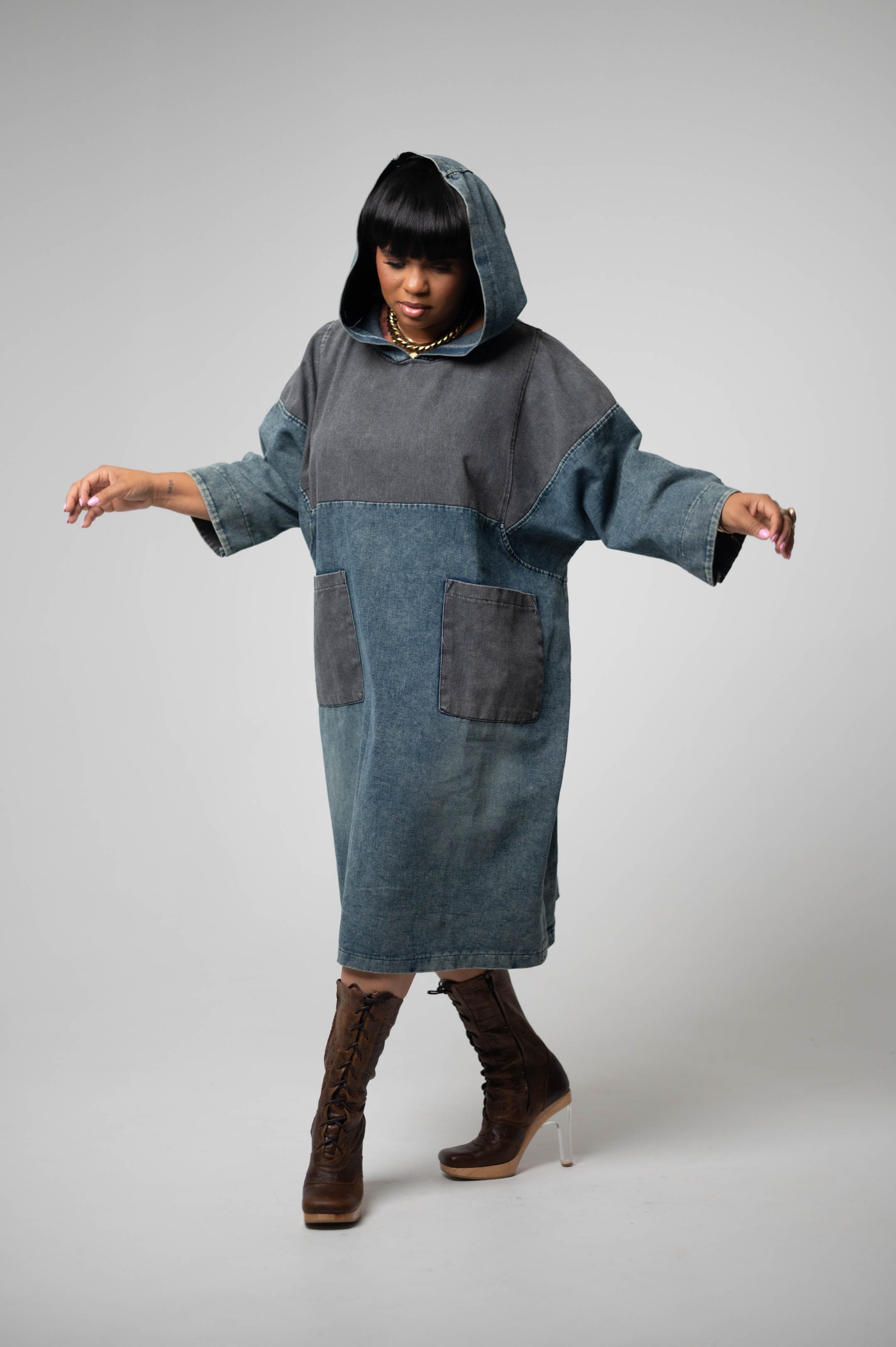 Hooded Two-Tone Denim Dress