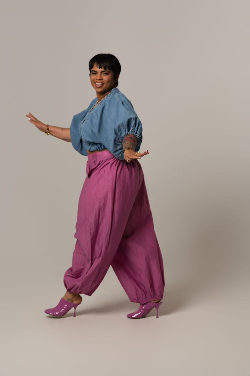 Lada Denim Puff Sleeve Cropped Top