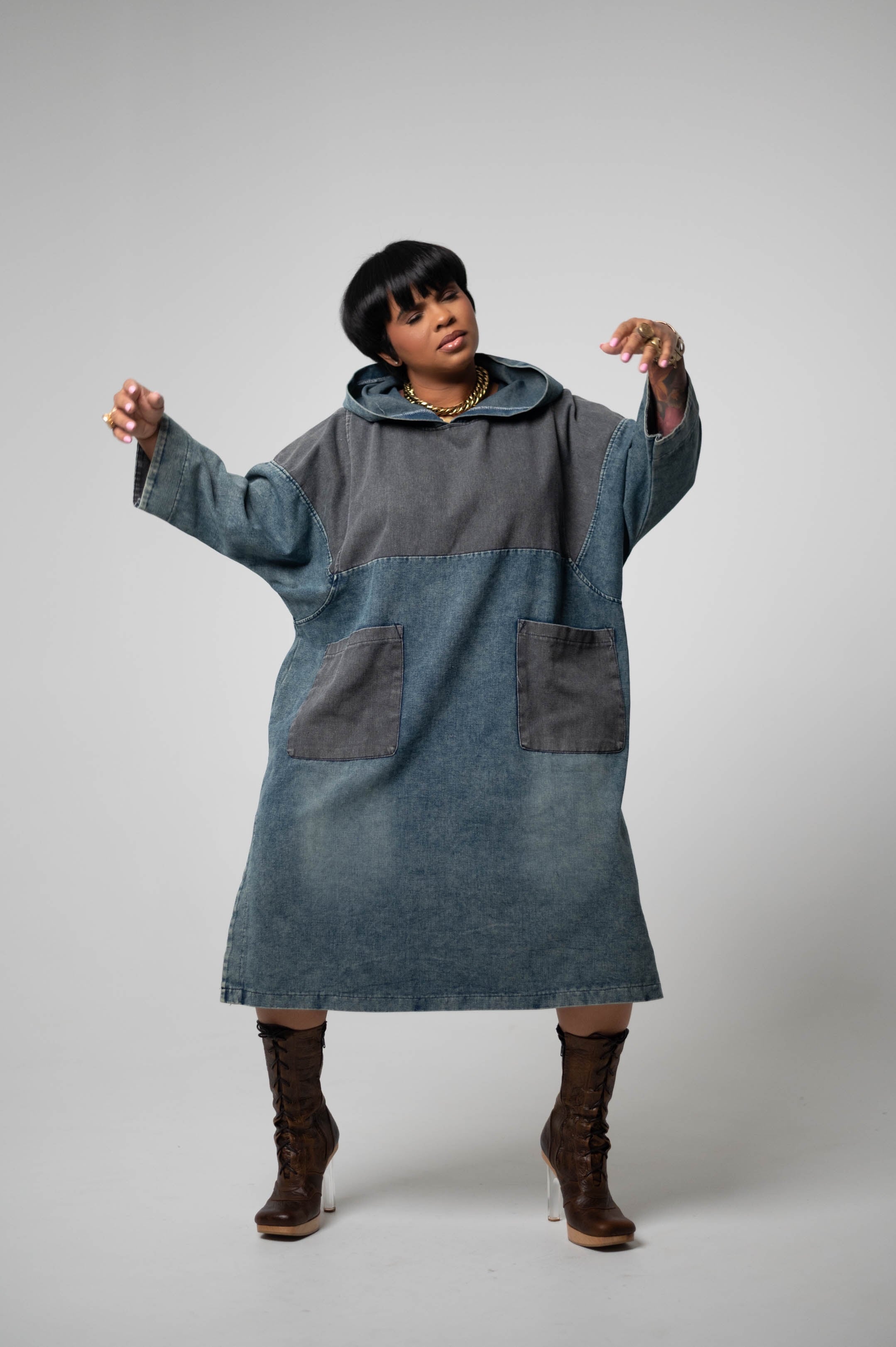 Hooded Two-Tone Denim Dress