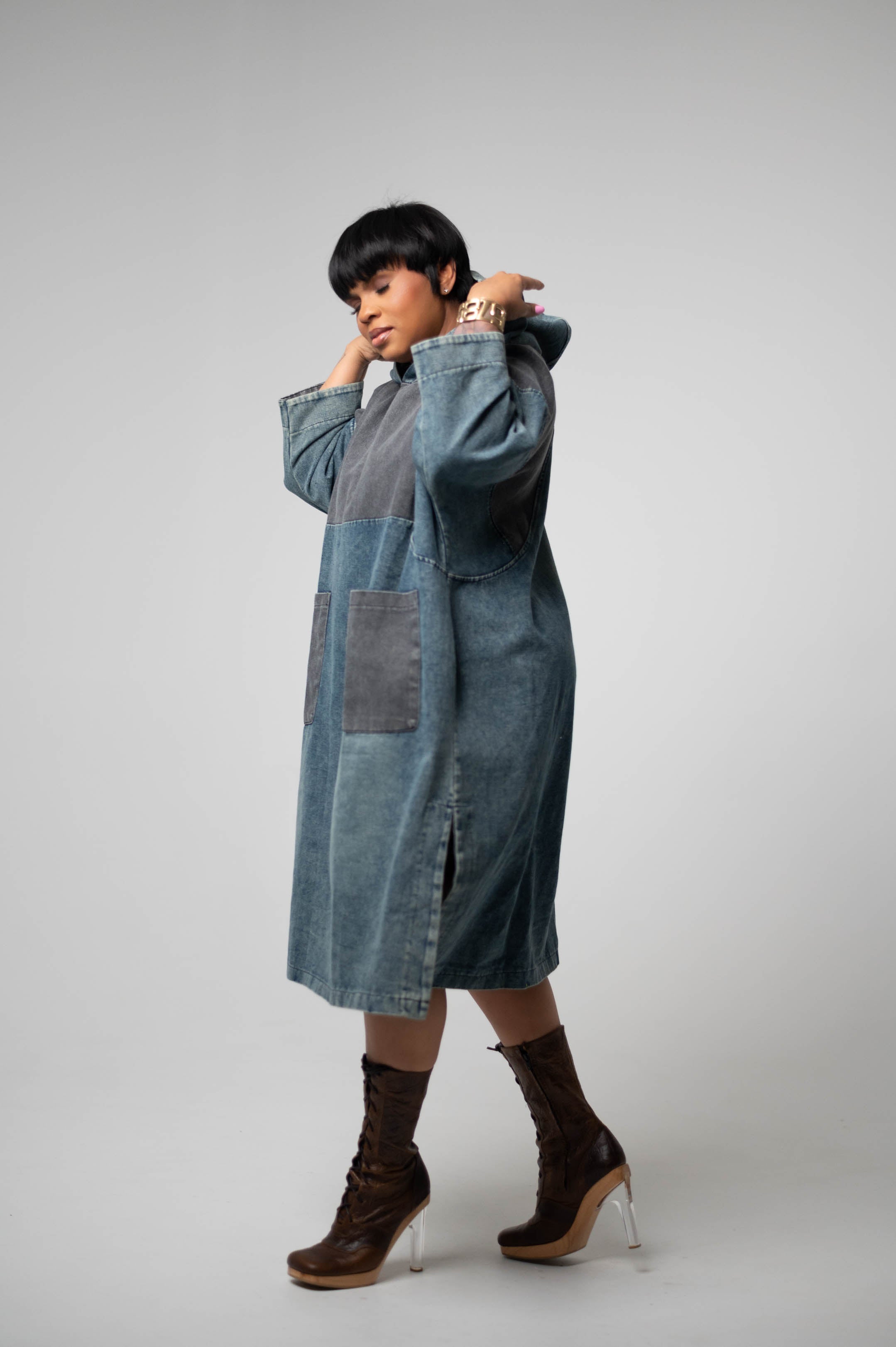 Hooded Two-Tone Denim Dress