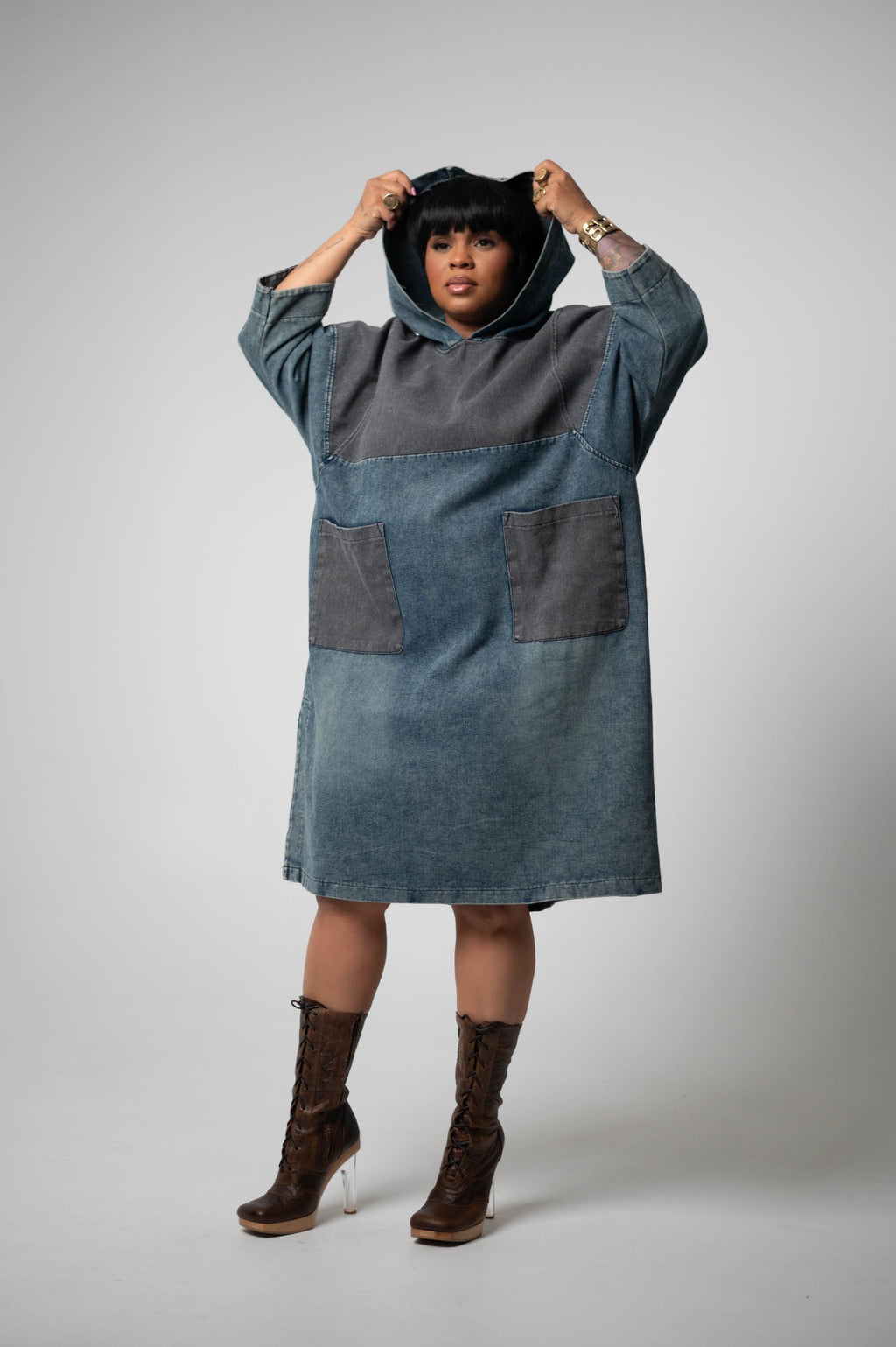 Hooded Two-Tone Denim Dress