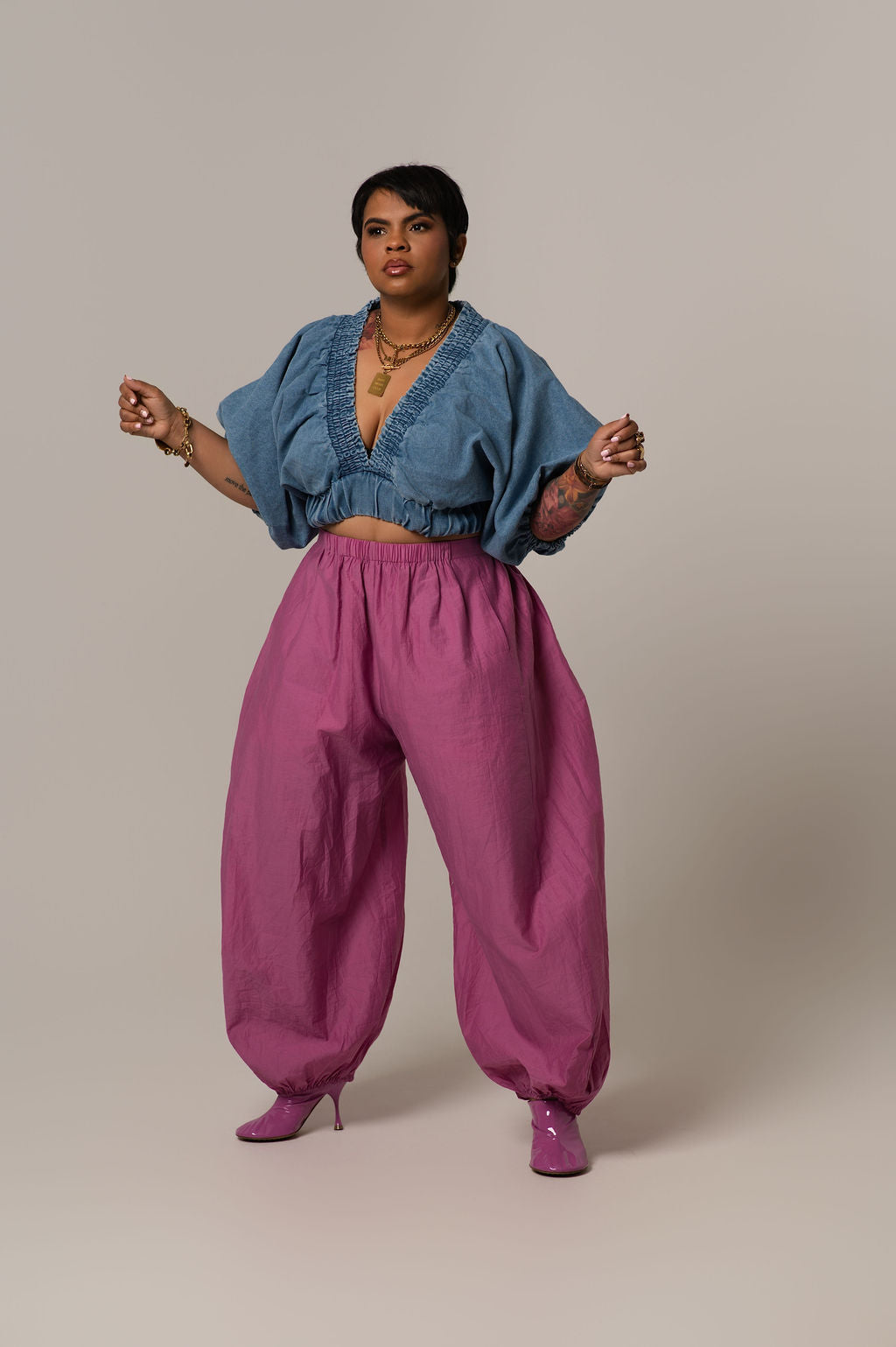 Lada Denim Puff Sleeve Cropped Top